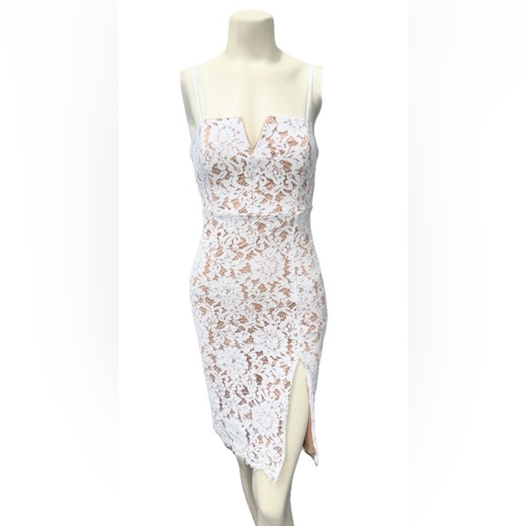 Lulus White Lace Midi Dress Small Spaghetti Strap Slit Fitted - Picture 8 of 14